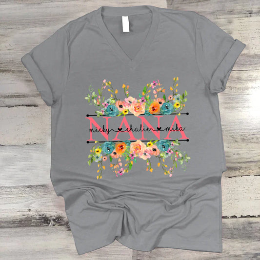Bright Watercolor Floral Nana And Grandkids Flower CTH01 V-Neck
