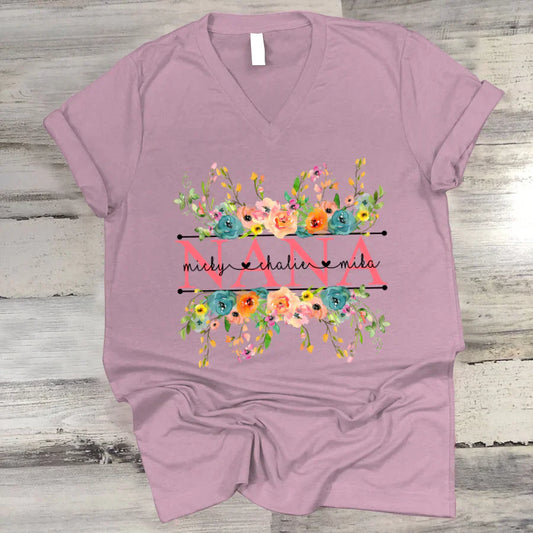 Bright Watercolor Floral Nana And Grandkids Flower CTH01 V-Neck