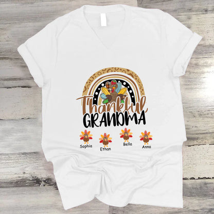 Godmerch Personalized Thankful Grandma With Grandkids Thanksgiving Shirt V-Neck