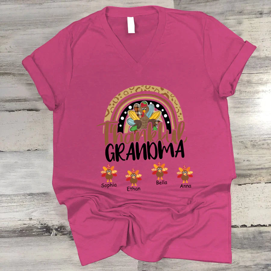 Godmerch Personalized Thankful Grandma With Grandkids Thanksgiving Shirt V-Neck