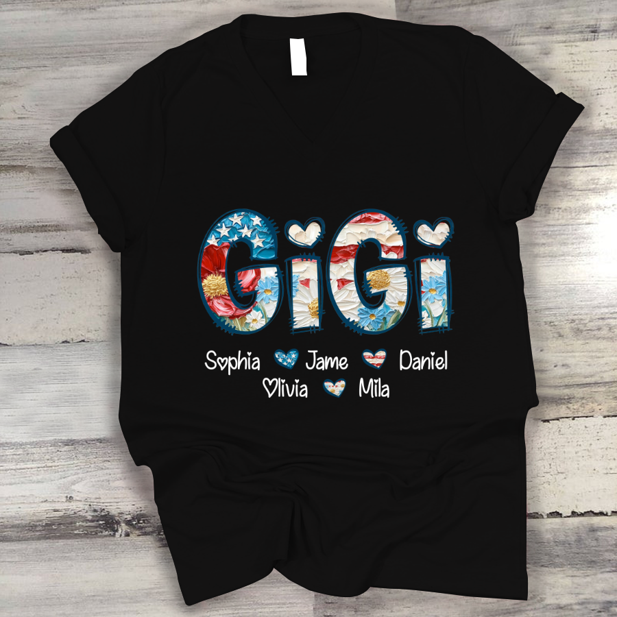 Daisy Flower America Flag Gigi And Grandkids Personalized 4th of July Gift Shirt