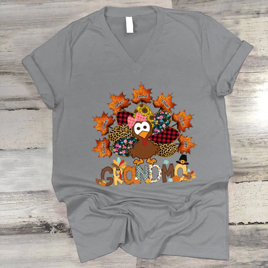 Grandma And Grandkids Thanksgiving Autumn Turkey V-Neck
