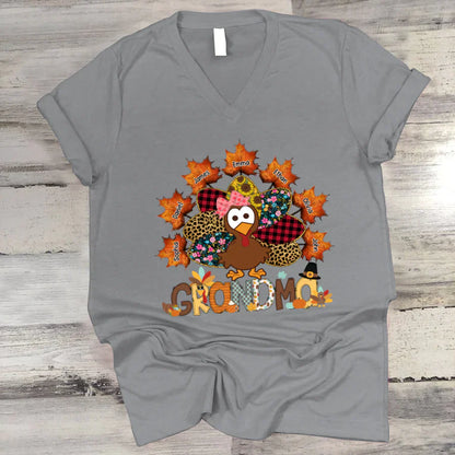 Grandma And Grandkids Thanksgiving Autumn Turkey V-Neck