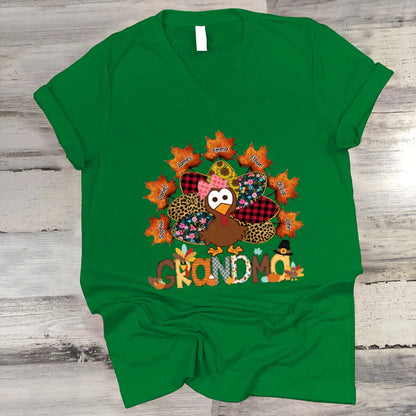 Grandma And Grandkids Thanksgiving Autumn Turkey V-Neck