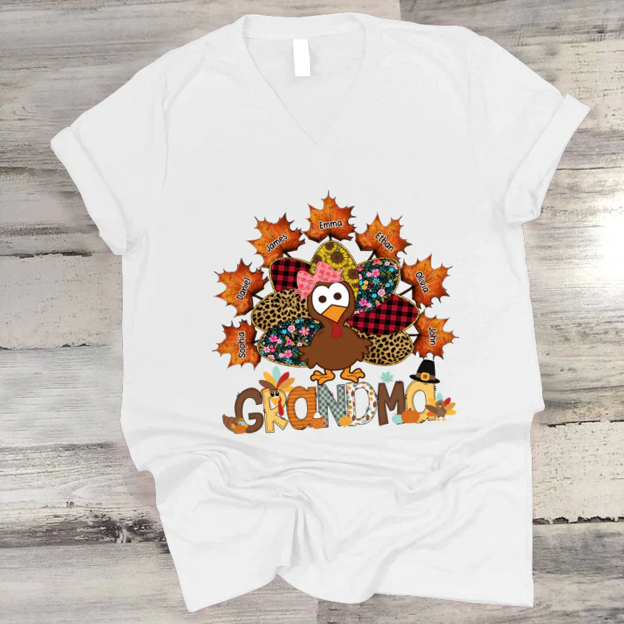 Grandma And Grandkids Thanksgiving Autumn Turkey V-Neck