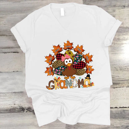 Grandma And Grandkids Thanksgiving Autumn Turkey V-Neck
