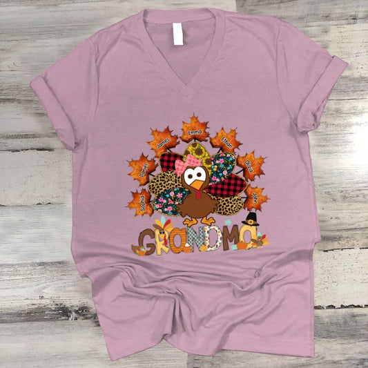 Grandma And Grandkids Thanksgiving Autumn Turkey V-Neck