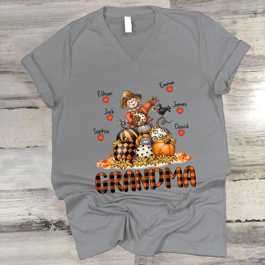 Grandma Fall Halloween Gift Custom Kidnames V-Neck