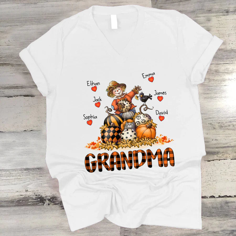 Grandma Fall Halloween Gift Custom Kidnames V-Neck