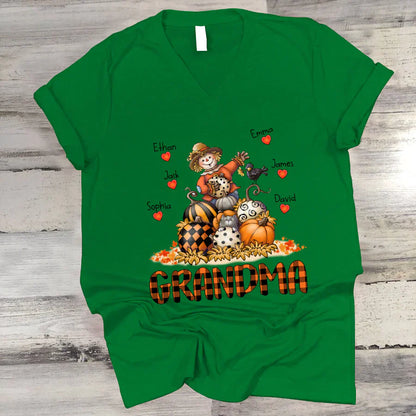 Grandma Fall Halloween Gift Custom Kidnames V-Neck