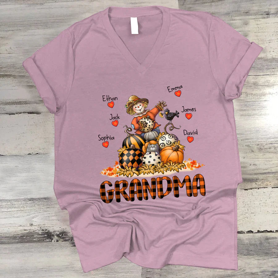 Grandma Fall Halloween Gift Custom Kidnames V-Neck