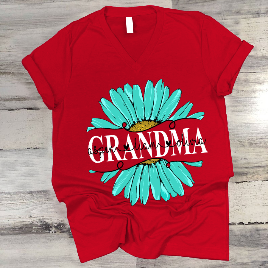 Grandma Flower Daisy Turquoise  And Grandkids Mother's Day V-Neck
