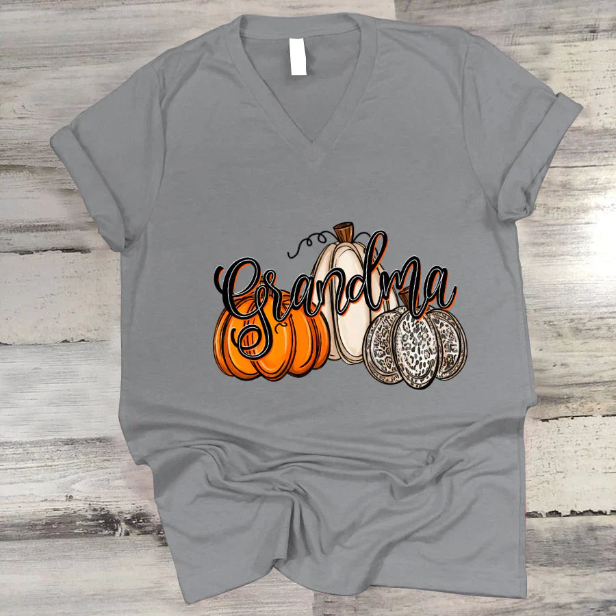 Grandma Pumpkins Leopard Autumn V-Neck
