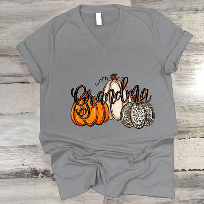 Grandma Pumpkins Leopard Autumn V-Neck