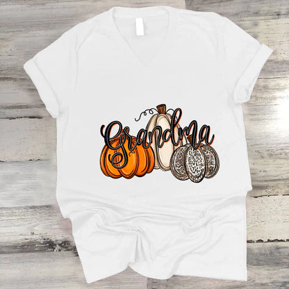 Grandma Pumpkins Leopard Autumn V-Neck