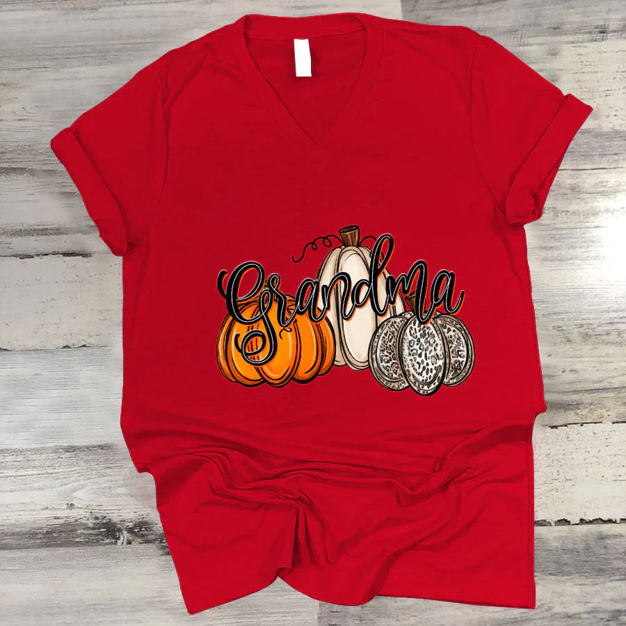 Grandma Pumpkins Leopard Autumn V-Neck