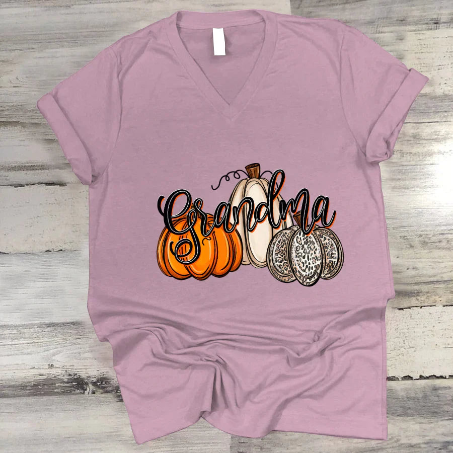 Grandma Pumpkins Leopard Autumn V-Neck