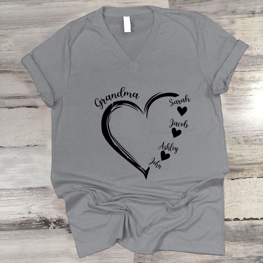 Grandma and Grandkids Heart , Grandma Heart Shirt, Custom Nana Shirt, Grandma and Grand Kids V-Neck