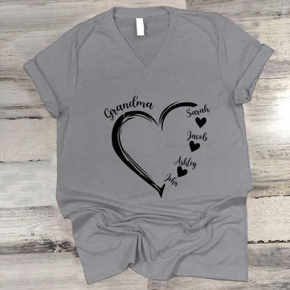 Grandma and Grandkids Heart , Grandma Heart Shirt, Custom Nana Shirt, Grandma and Grand Kids V-Neck