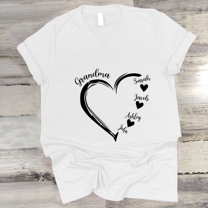 Grandma and Grandkids Heart , Grandma Heart Shirt, Custom Nana Shirt, Grandma and Grand Kids V-Neck