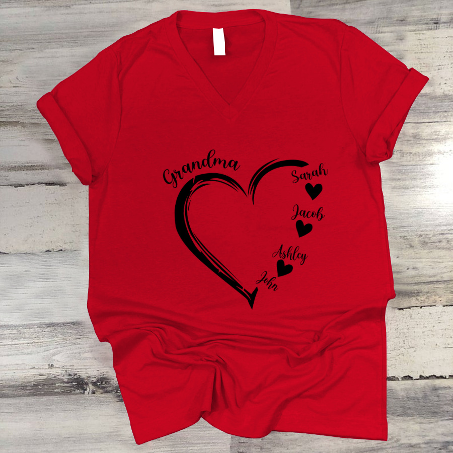 Grandma and Grandkids Heart , Grandma Heart Shirt, Custom Nana Shirt, Grandma and Grand Kids V-Neck