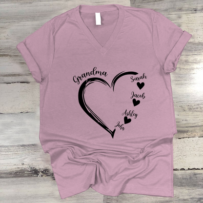 Grandma and Grandkids Heart , Grandma Heart Shirt, Custom Nana Shirt, Grandma and Grand Kids V-Neck