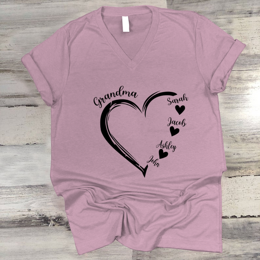 Grandma and Grandkids Heart , Grandma Heart Shirt, Custom Nana Shirt, Grandma and Grand Kids V-Neck
