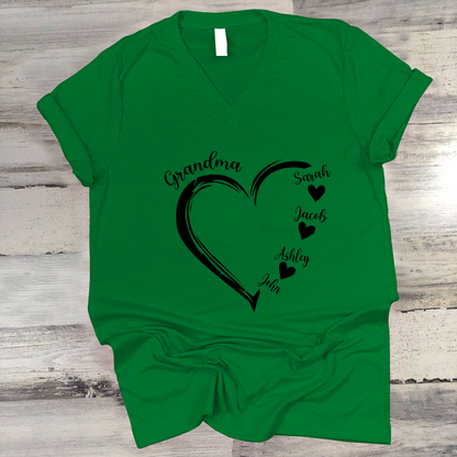 Grandma and Grandkids Heart , Grandma Heart Shirt, Custom Nana Shirt, Grandma and Grand Kids V-Neck