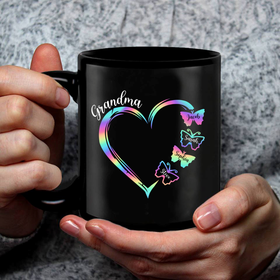 Grandma and Grandkids Hearts Rainbow Butterfly Mug