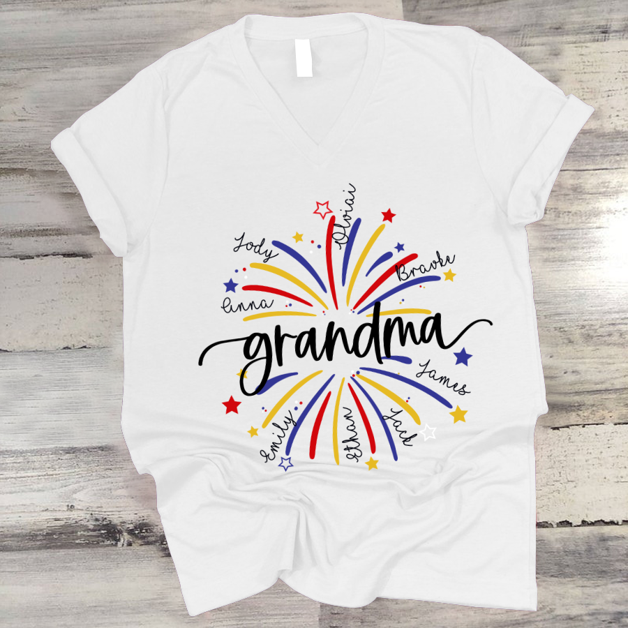 Grandma firework star And Grandkids 4th of july V-Neck