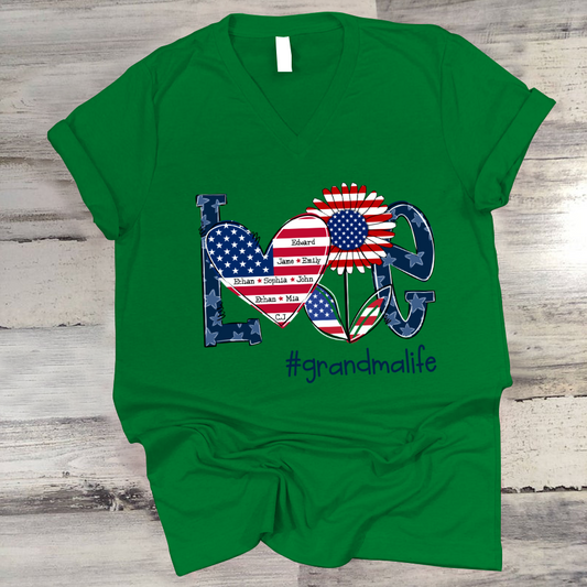 Love Grandma Life With Grandkids Heart Flag Sunflower V-Neck