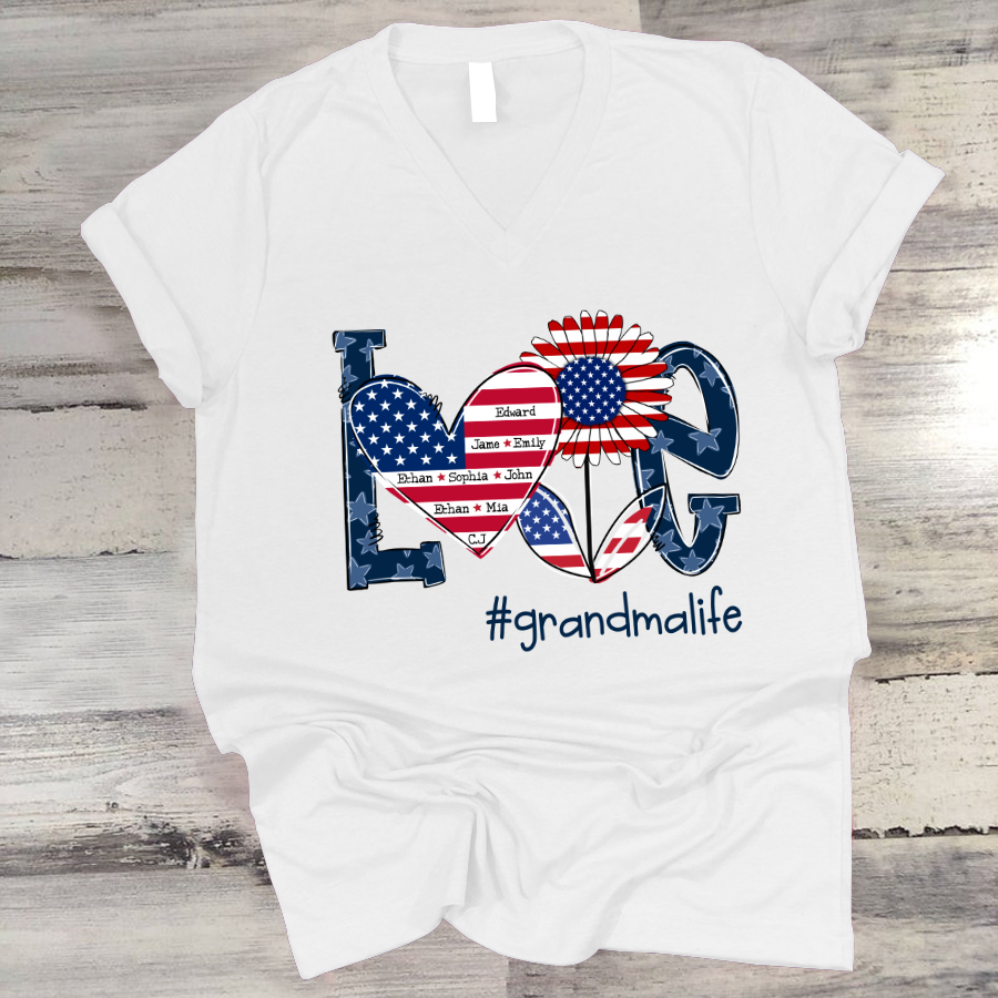 Love Grandma Life With Grandkids Heart Flag Sunflower V-Neck