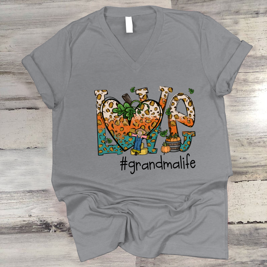 Love Grandmalife Leopard Leaves Pumpkin V-Neck