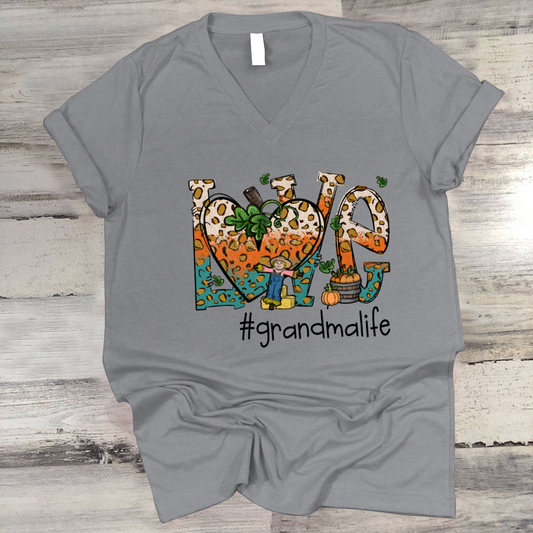 Love Grandmalife Leopard Leaves Pumpkin V-Neck