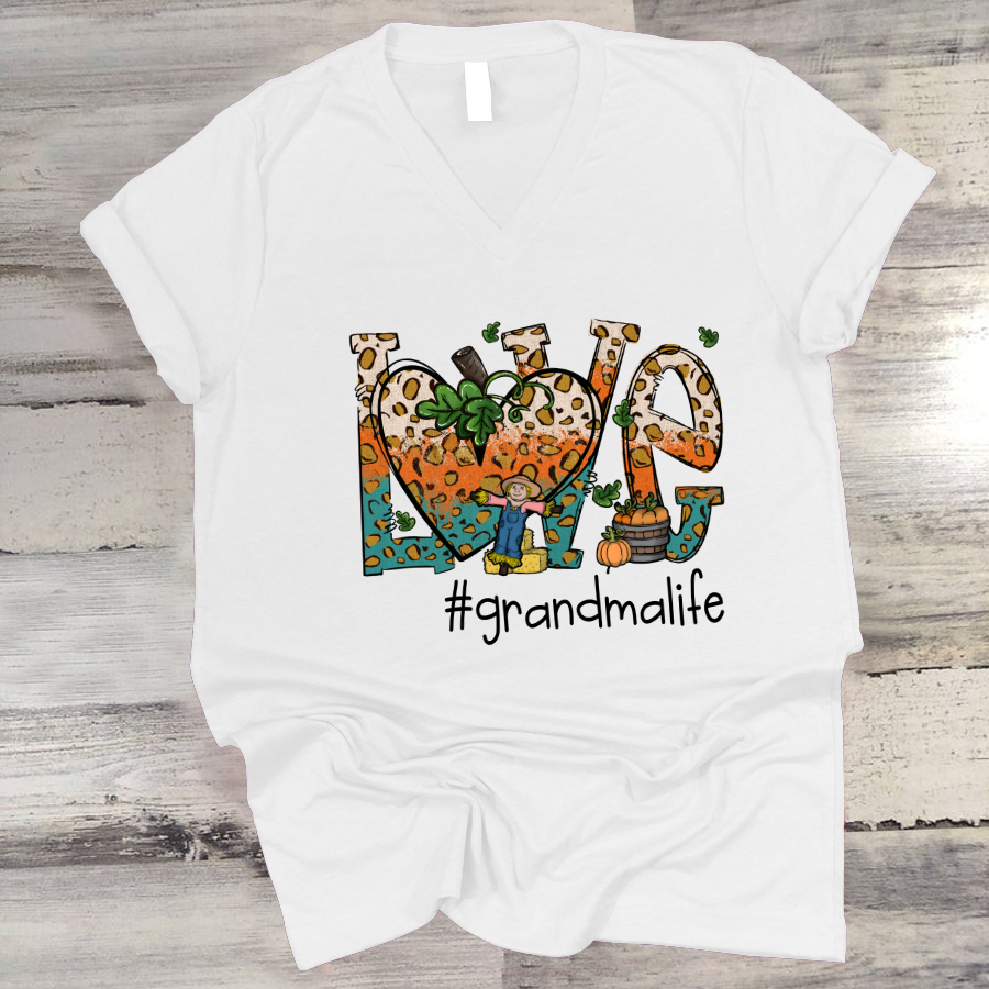 Love Grandmalife Leopard Leaves Pumpkin V-Neck