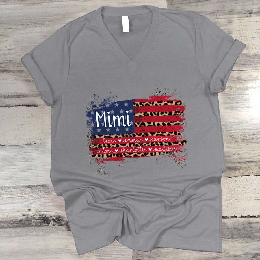 Mimi Grandma Flag Leopard American Kid Names Custom V-Neck