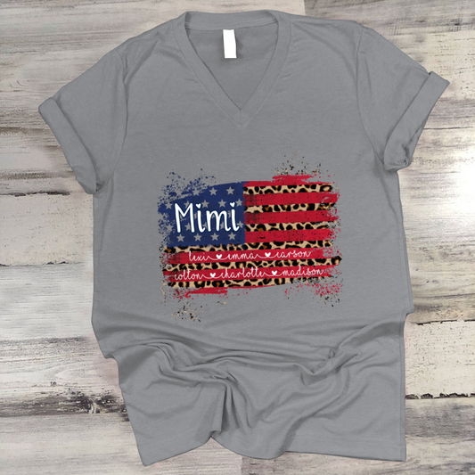 Mimi Grandma Flag Leopard American Kid Names Custom V-Neck
