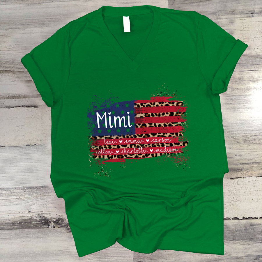 Mimi Grandma Flag Leopard American Kid Names Custom V-Neck