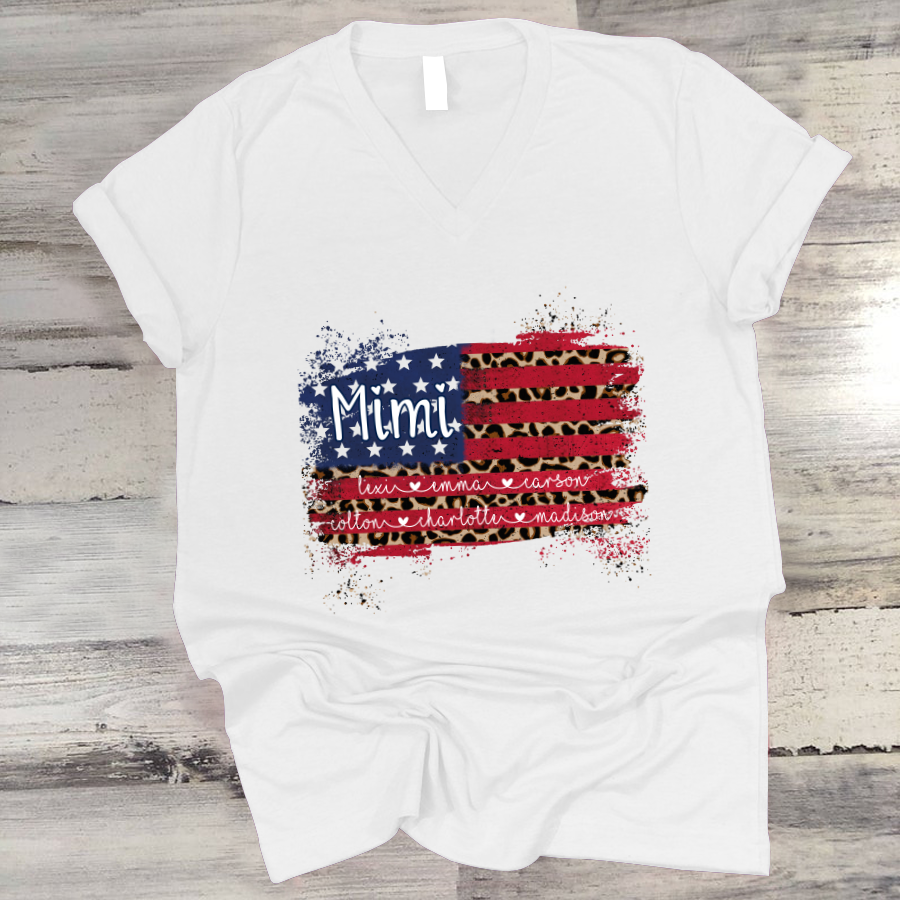 Mimi Grandma Flag Leopard American Kid Names Custom V-Neck