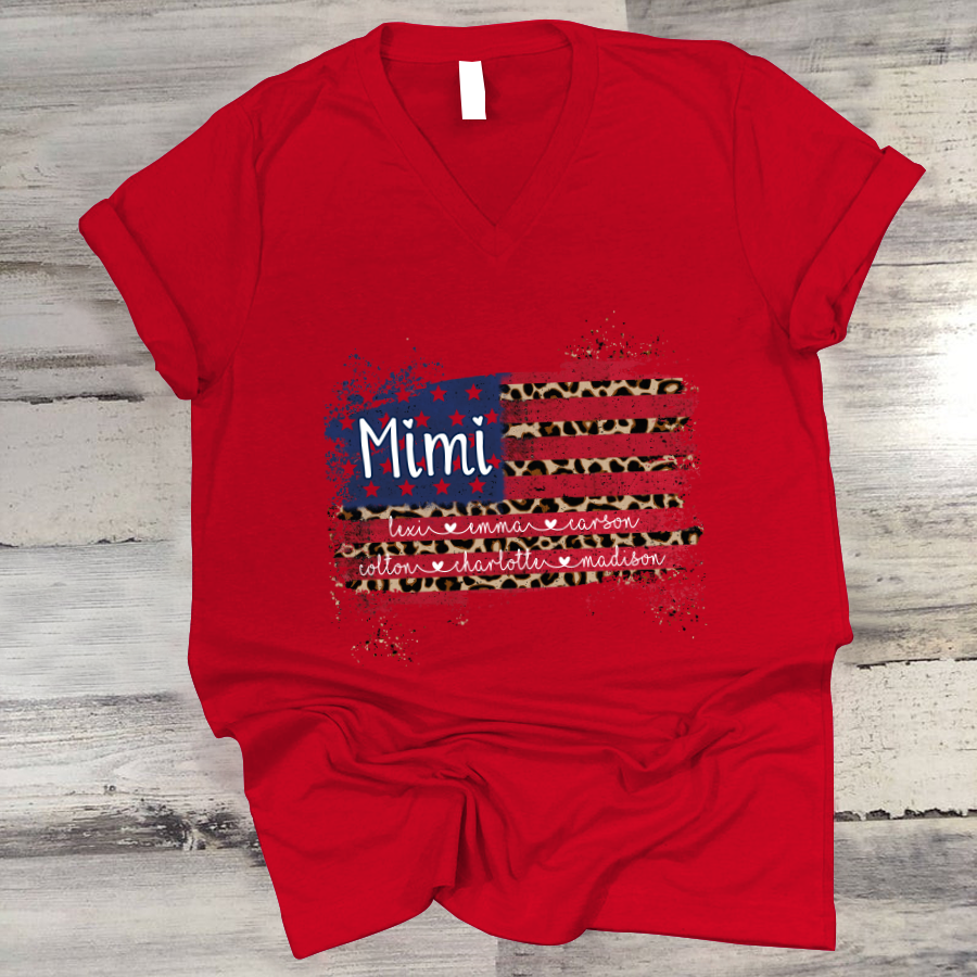 Mimi Grandma Flag Leopard American Kid Names Custom V-Neck