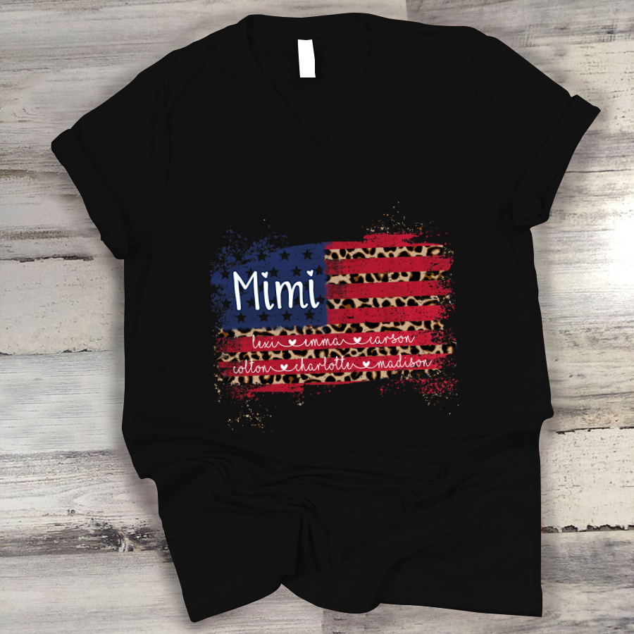 Mimi Grandma Flag Leopard American Kid Names Custom V-Neck