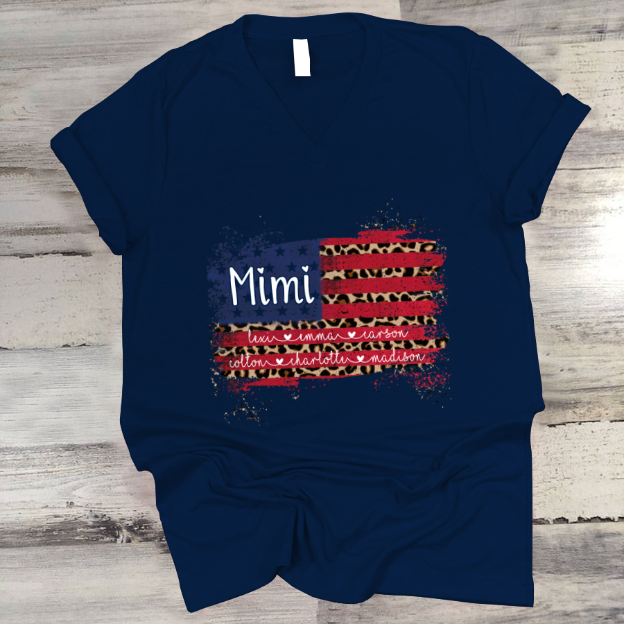 Mimi Grandma Flag Leopard American Kid Names Custom V-Neck
