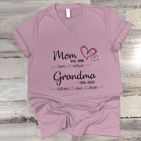 Mom Est Grandma Est And Kids Name Heart Pink Leopard V-Neck