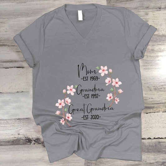 Mom Est Grandma Est Great Grandma Flower V-Neck
