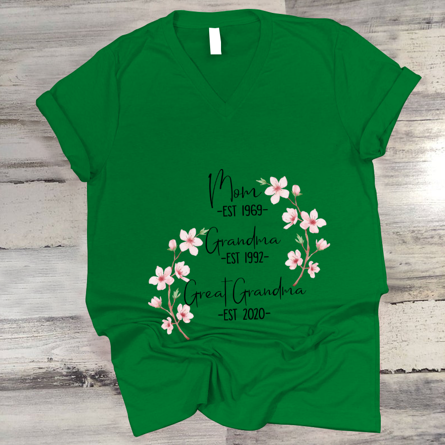 Mom Est Grandma Est Great Grandma Flower V-Neck