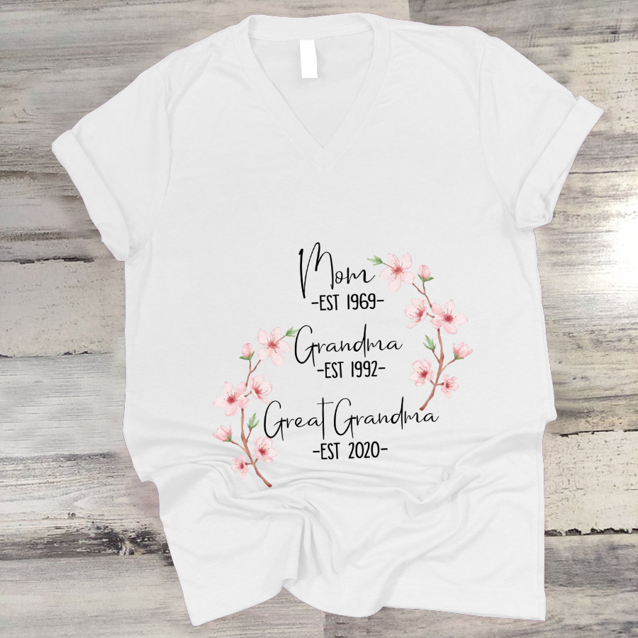 Mom Est Grandma Est Great Grandma Flower V-Neck
