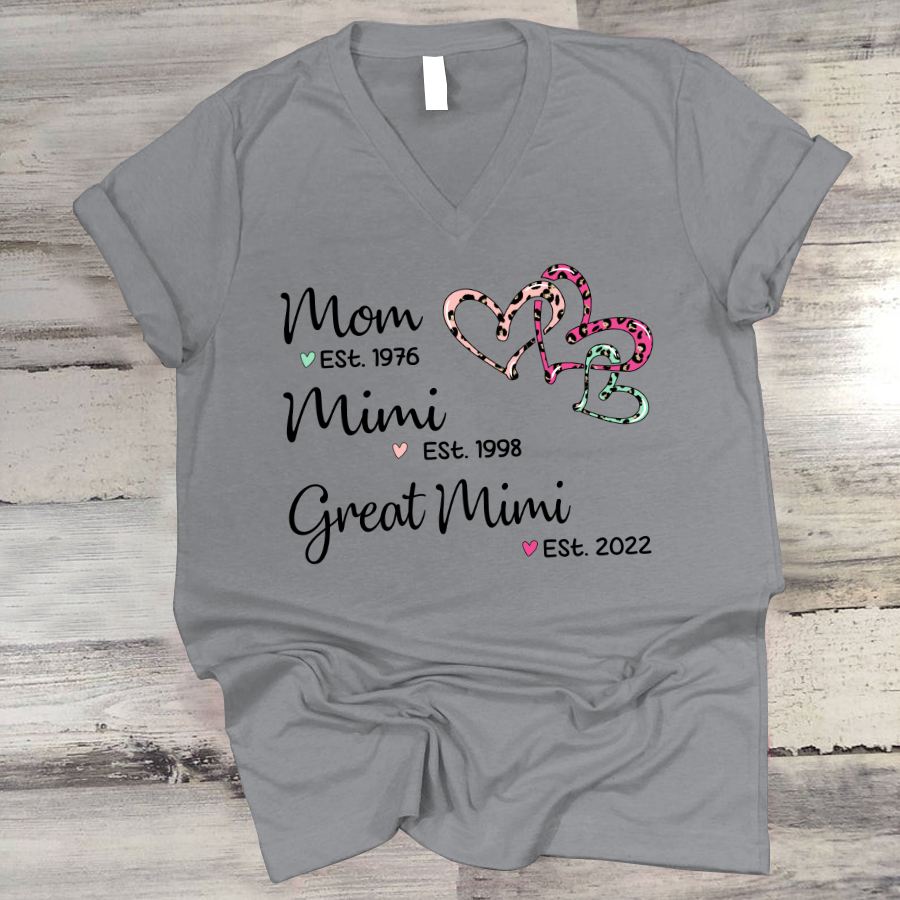 Mom Est Mimi Est Great Mimi Heart Leopard V-Neck
