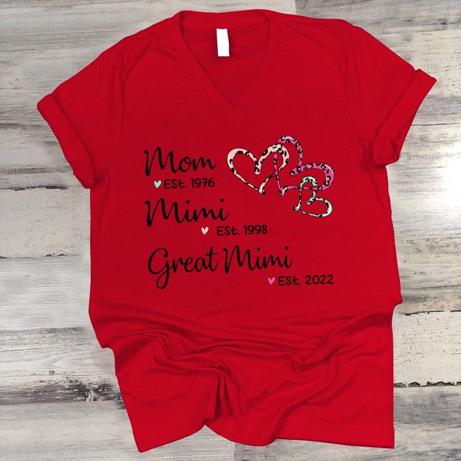 Mom Est Mimi Est Great Mimi Heart Leopard V-Neck