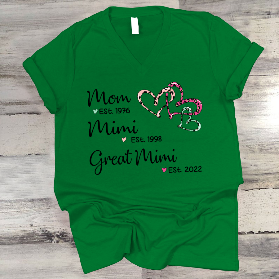 Mom Est Mimi Est Great Mimi Heart Leopard V-Neck