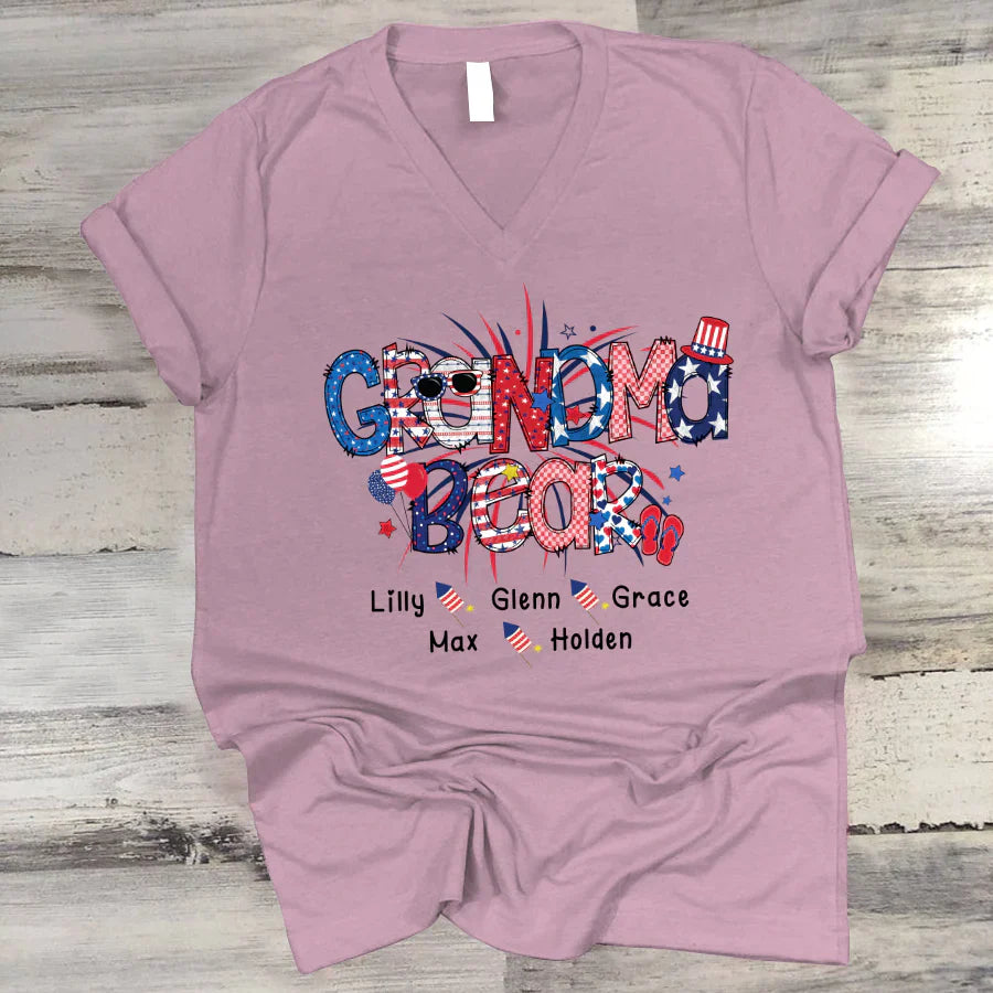 Patriotic Doodle 4th Of July Grandma Bear And Grandkid CTH01 V-Neck